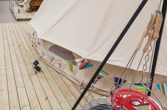 pitch a bell tent on a deck - eaves