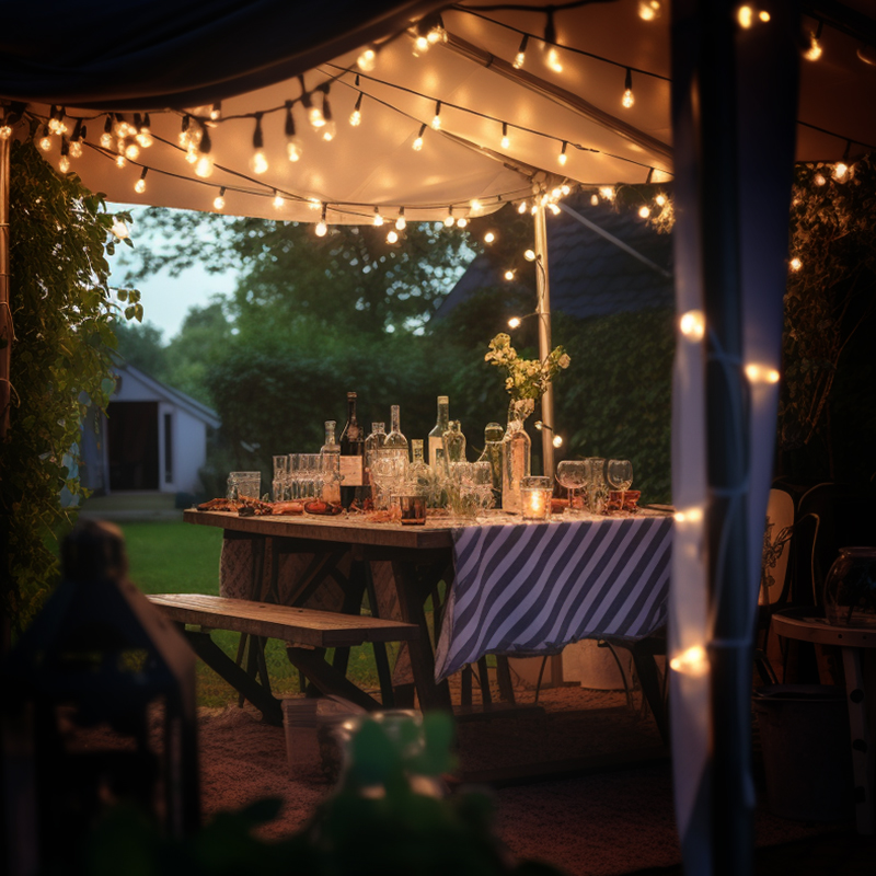 Stretch tent decorated with fairy lights for the perfect evening ambience